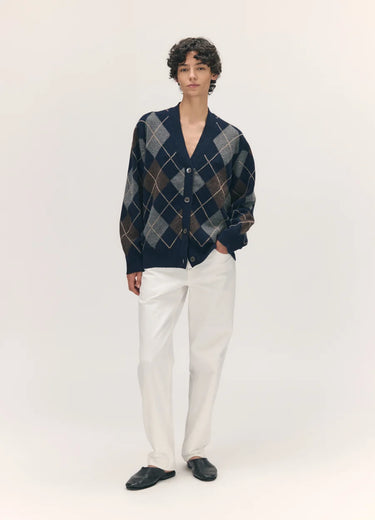 Ava Argyle Cardigan in Navy/Brown