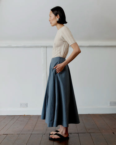 Japanese Cotton Reeva Stevie Skirt | Navy/Camel Stripe