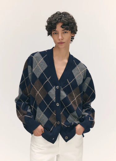 Ava Argyle Cardigan in Navy/Brown
