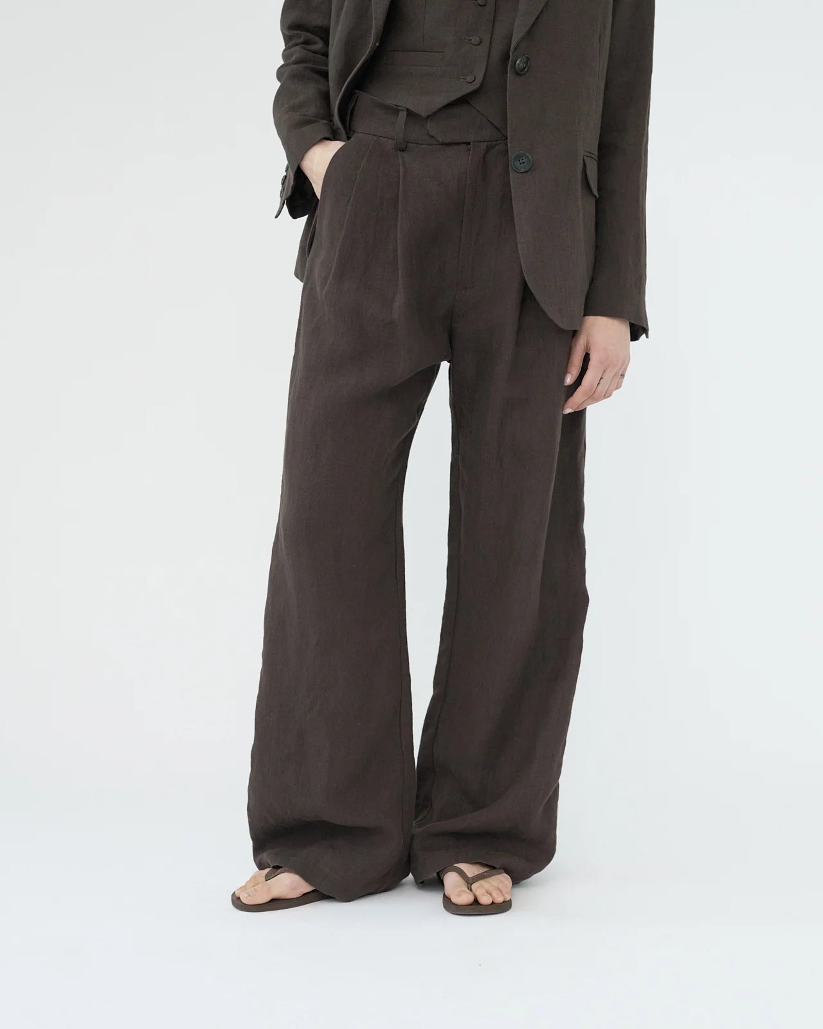 Linen Wide Box Pants | Brown