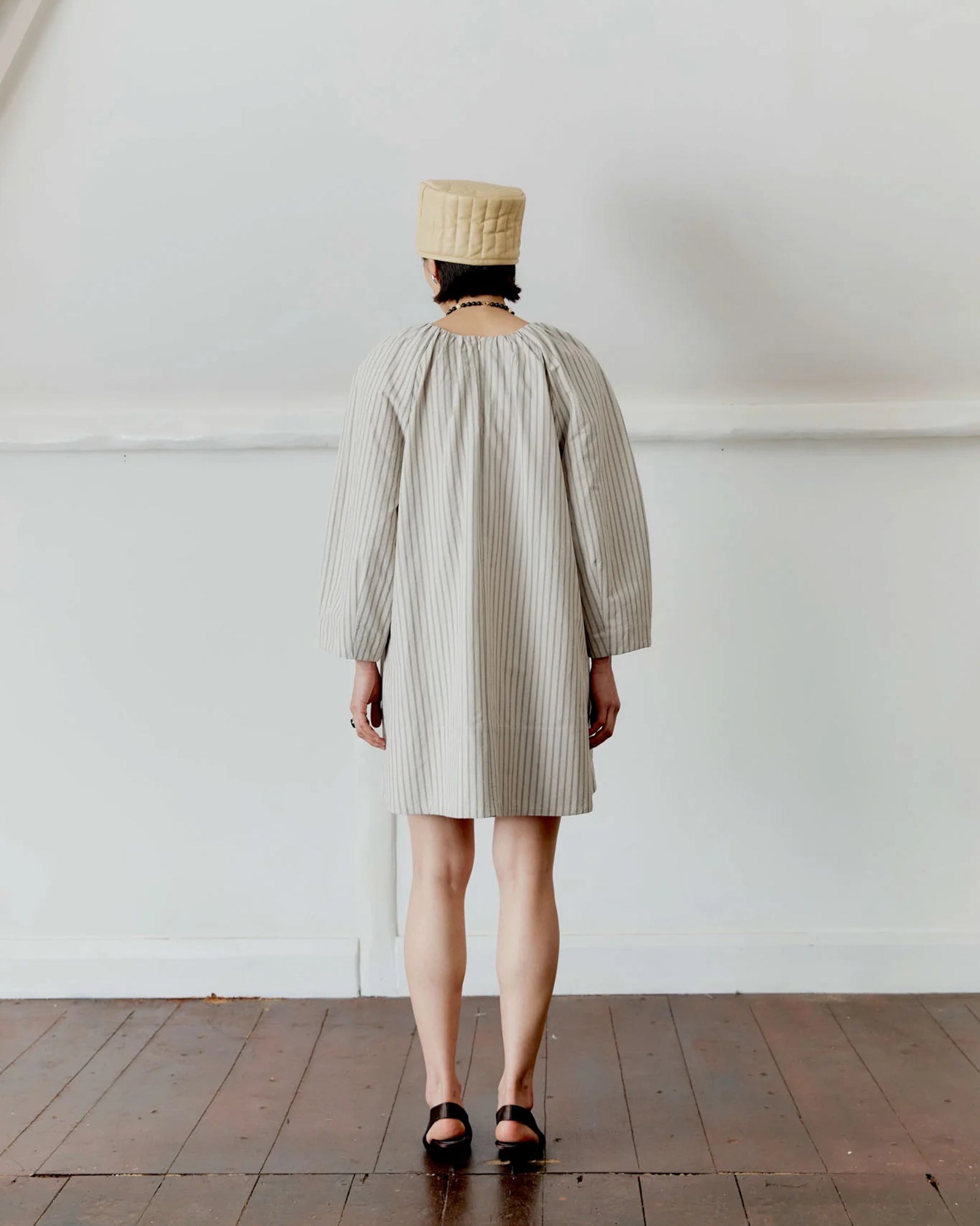 Japanese Cotton Tilda Mini Dress | Natural/Slate Stripe