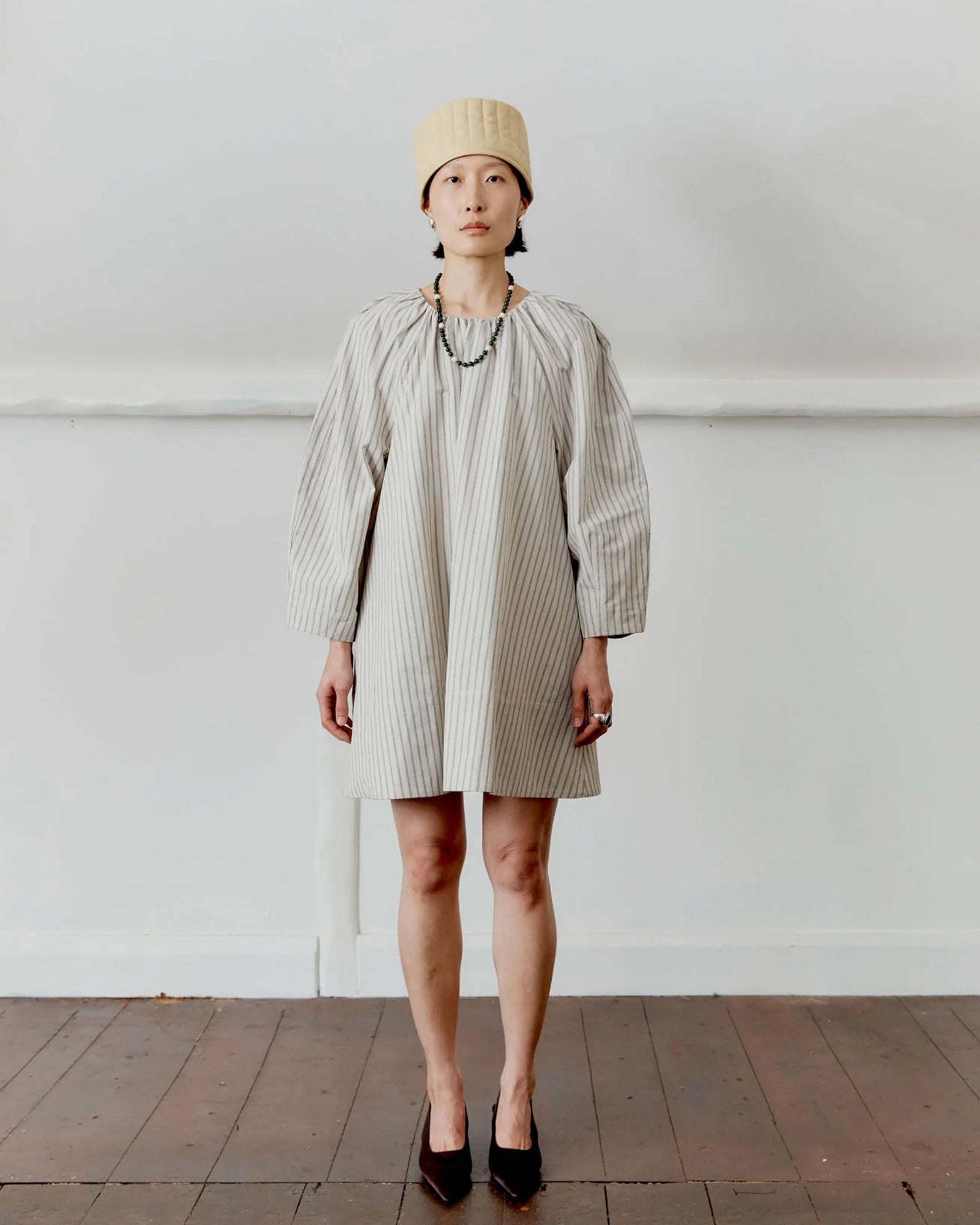 Japanese Cotton Tilda Mini Dress | Natural/Slate Stripe