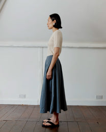 Japanese Cotton Reeva Stevie Skirt | Navy/Camel Stripe