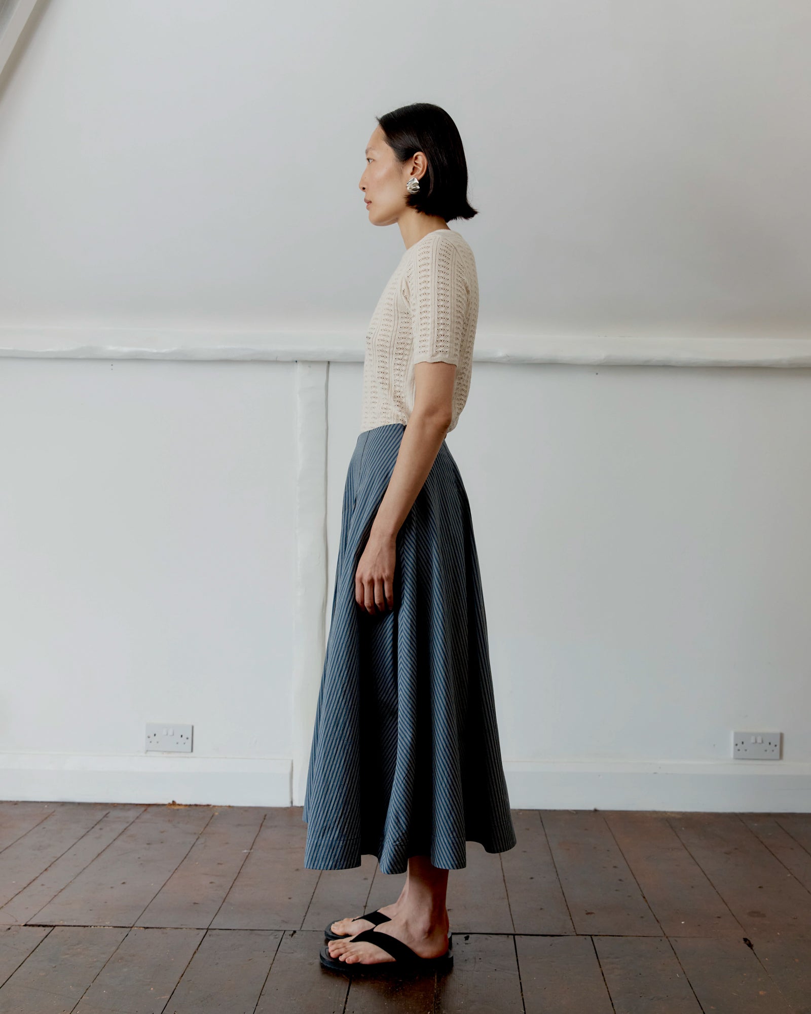 Japanese Cotton Reeva Stevie Skirt | Navy/Camel Stripe
