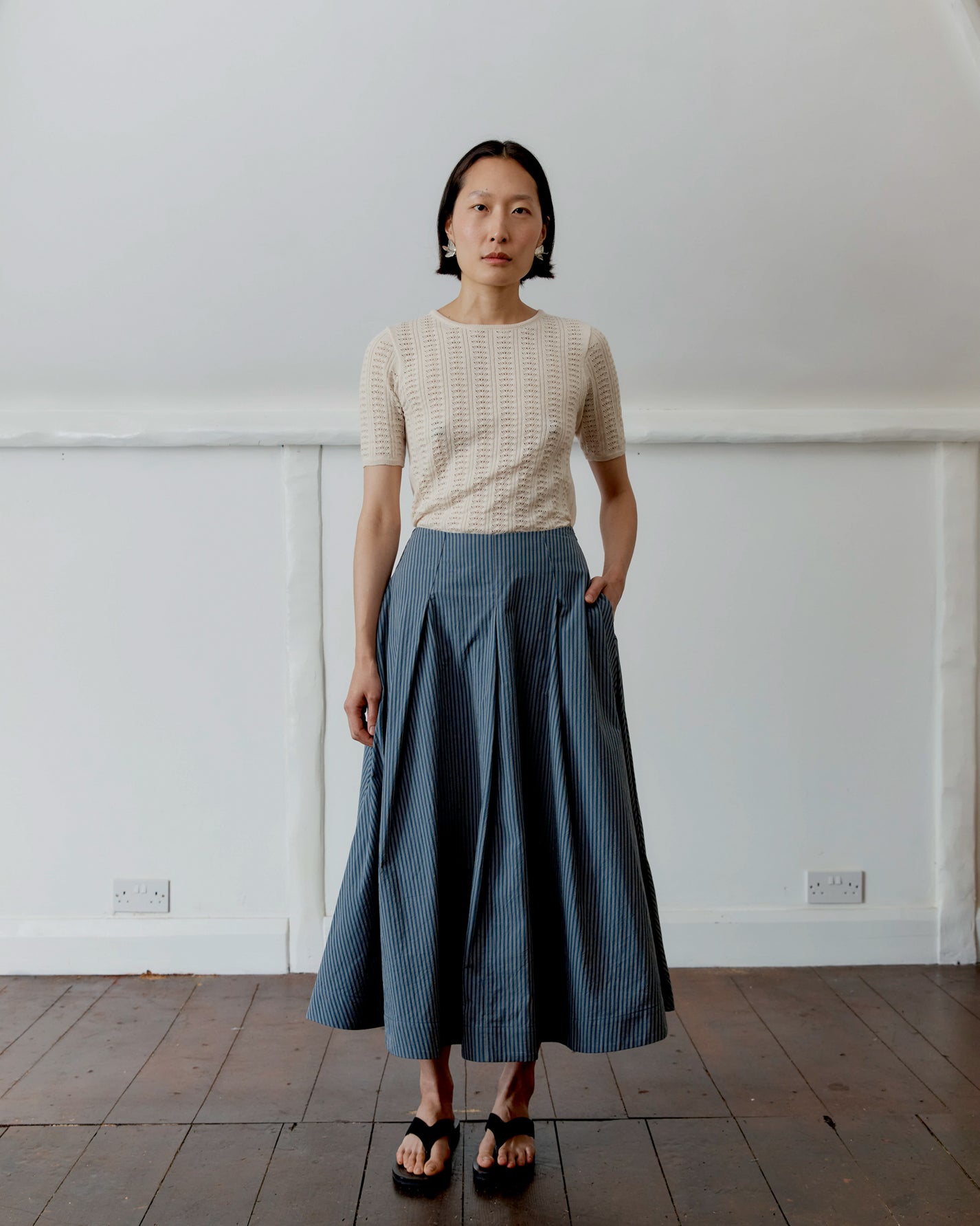 Japanese Cotton Reeva Stevie Skirt | Navy/Camel Stripe