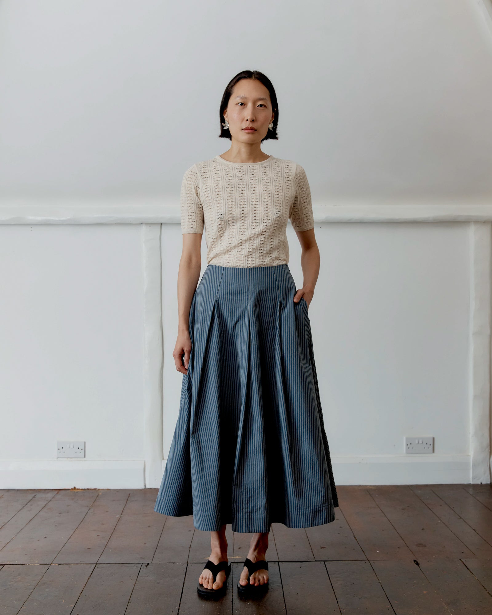 Japanese Cotton Reeva Stevie Skirt | Navy/Camel Stripe