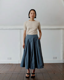 Japanese Cotton Reeva Stevie Skirt | Navy/Camel Stripe
