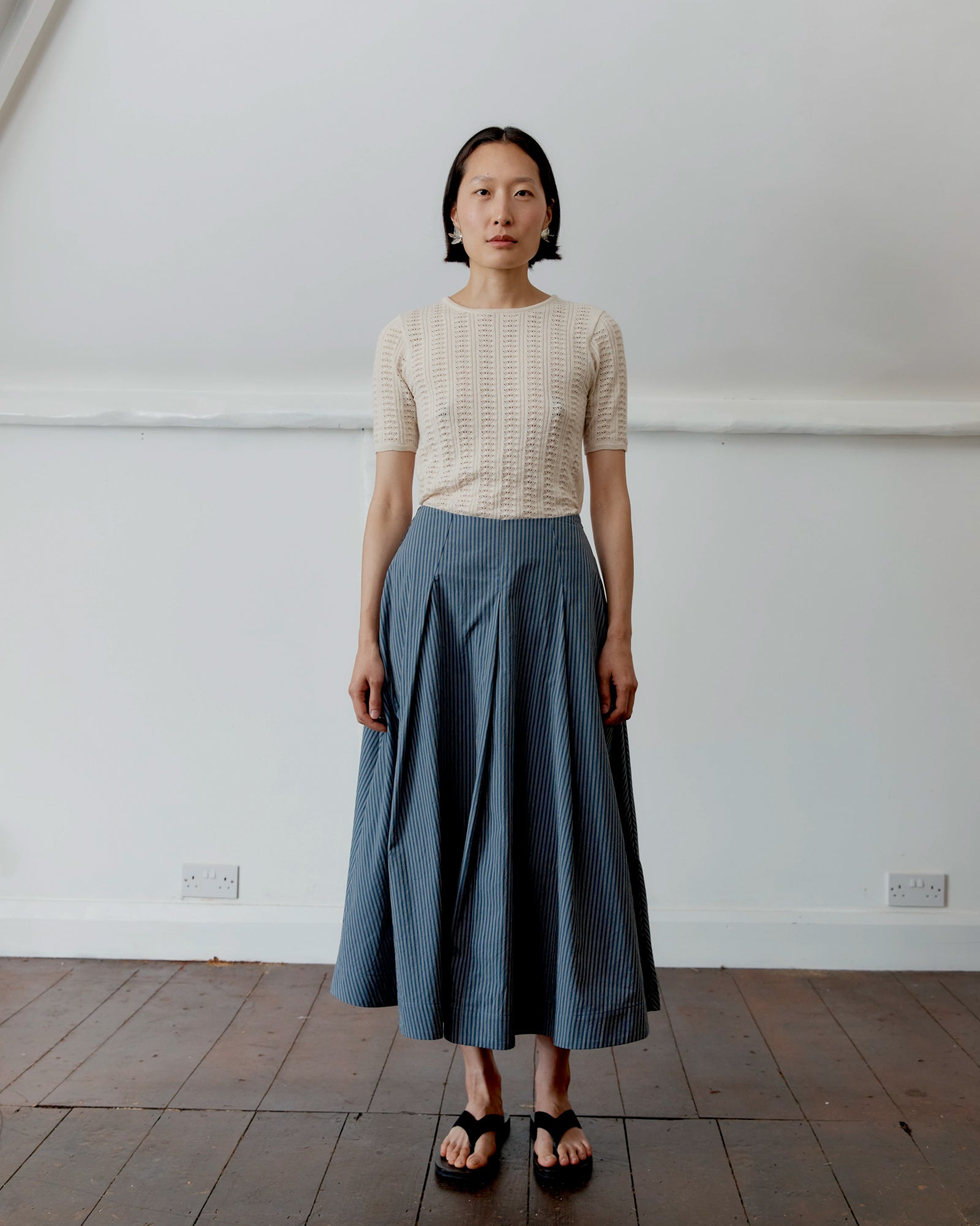 Japanese Cotton Reeva Stevie Skirt | Navy/Camel Stripe
