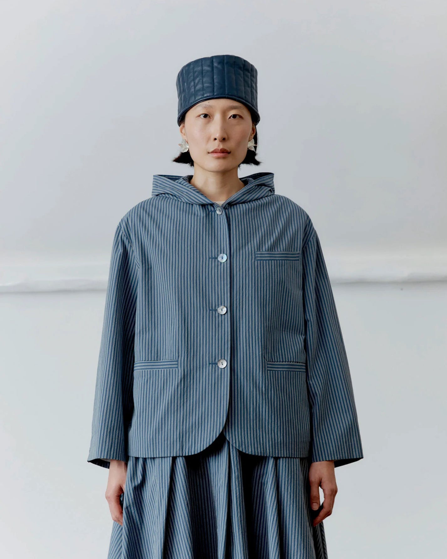 Japanese Cotton Reeva Hooded Shirt | Navy/Camel Stripe