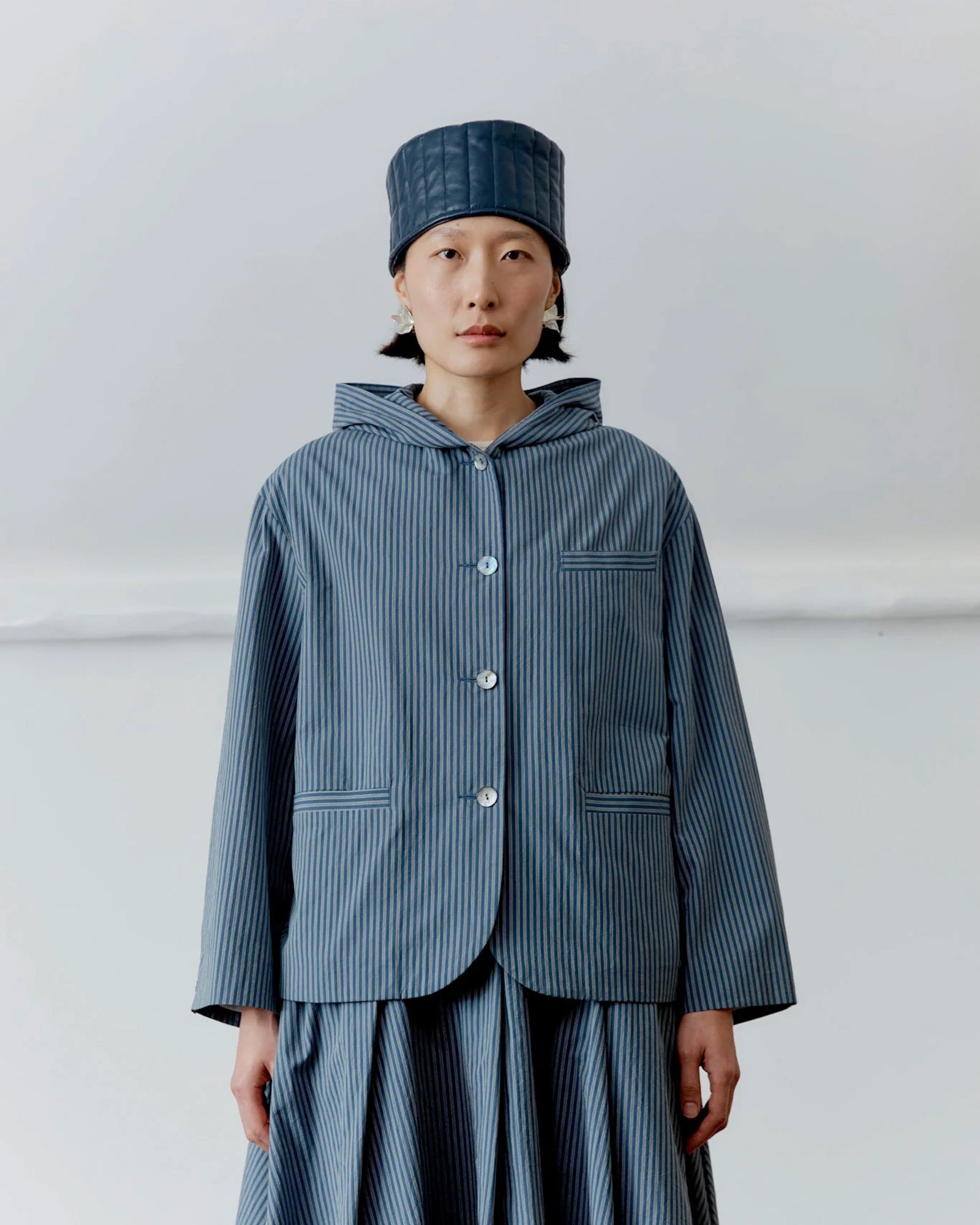 Japanese Cotton Reeva Hooded Shirt | Navy/Camel Stripe