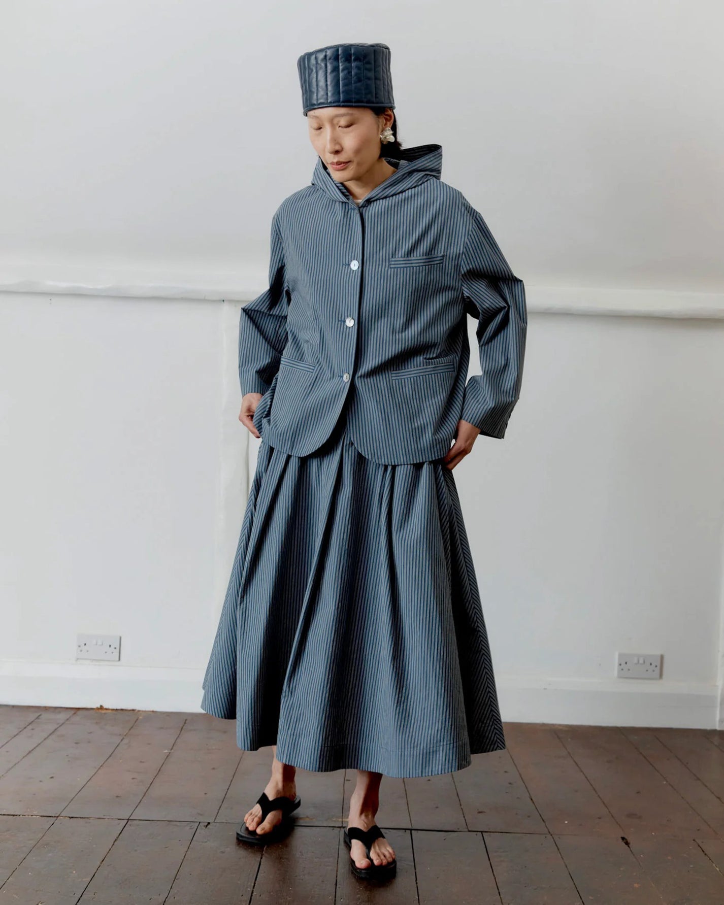 Japanese Cotton Reeva Hooded Shirt | Navy/Camel Stripe